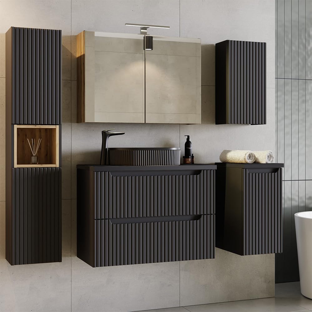 Lomadox Meuble de salle de bain - 100 cm - Noir - 2 tiroirs et 1 porte - Largeur x hauteur x profondeur : environ 100,4 x 59,5 x 40 cm