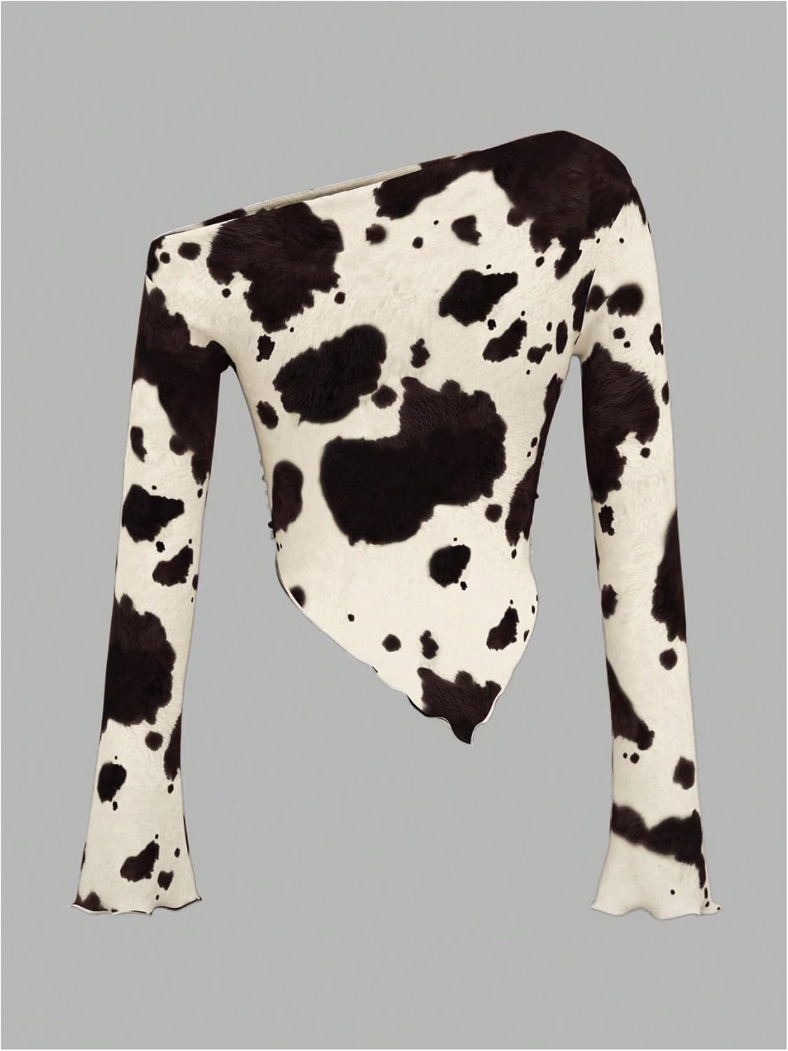 Women's Y2K Cow Print Bell Long Sleeve T Shirt Ruched Asymmetrical Neck Slim Fitted Tee Tops - Image 2