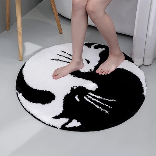 Miniatura 3 de Alfombra de baño de gato blanco y negro, alfombra de baño redonda Yin Yang, bonita alfombra de baño de animales, lavable de microfibra