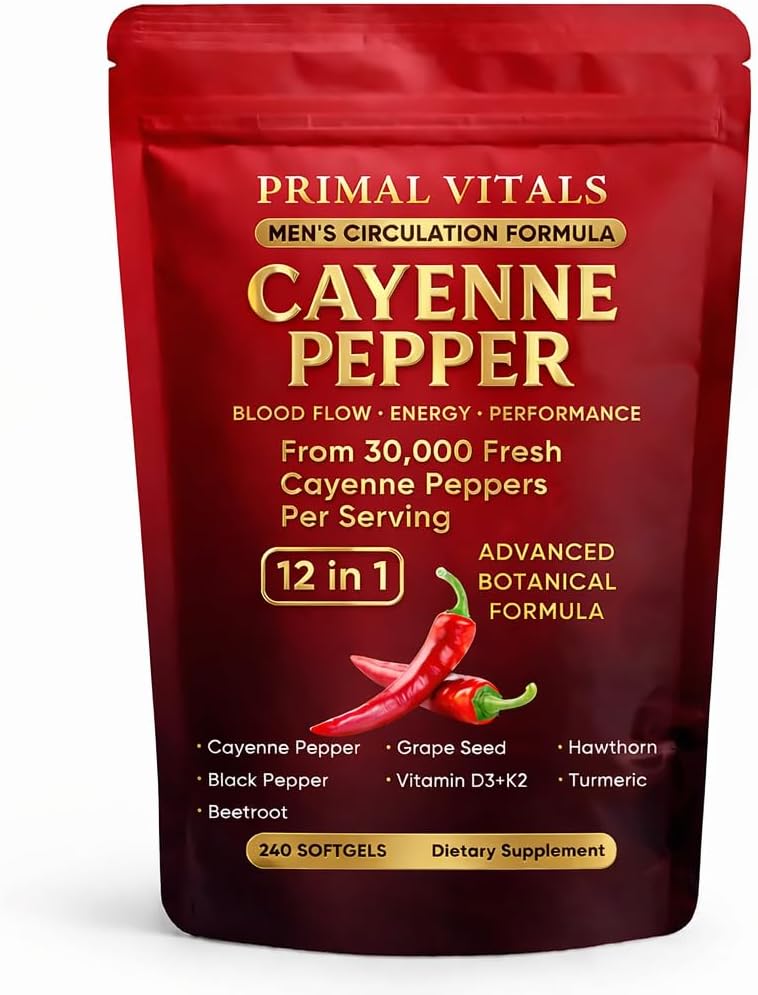 Primal Vitals Cayenne Pepper Softgels - Apex Vitals 12-in-1 Botanical Blend with Grape Seed, Hawthorn, Turmeric, Beetroot, Black Pepper & Vitamin D3 + K2, Wellness & Circulation Support - 240 Softgels