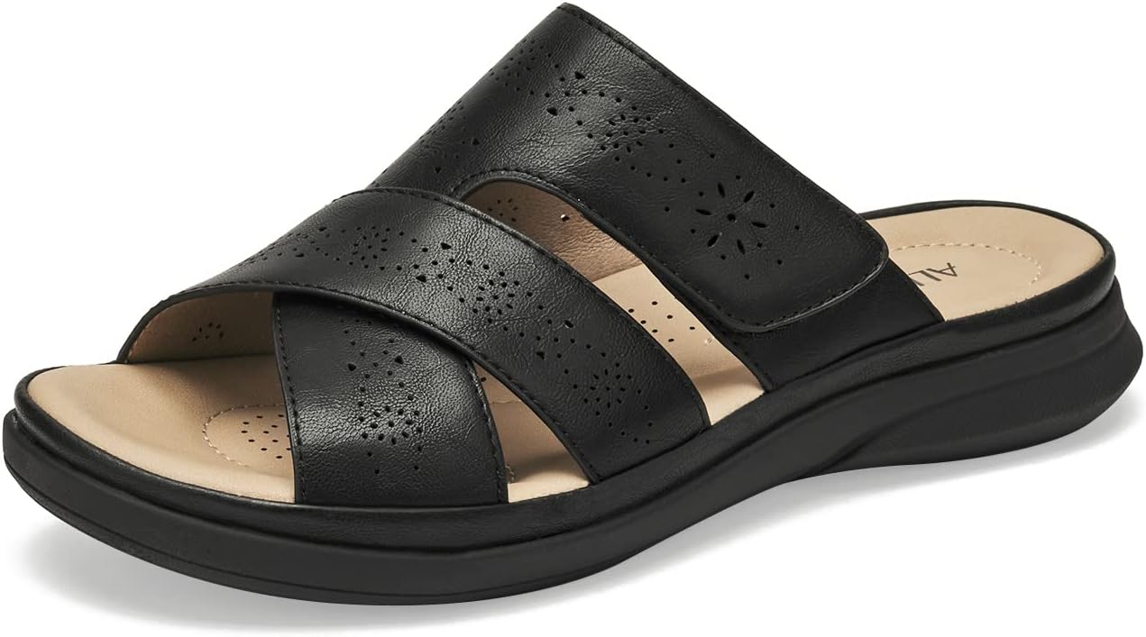 ALLOTWomen's Slide Sandals Slip On Open Toe Dressy Summer Flat Sandals Arch Support Adjustable Straps Comfortable Beach Walking Shoes