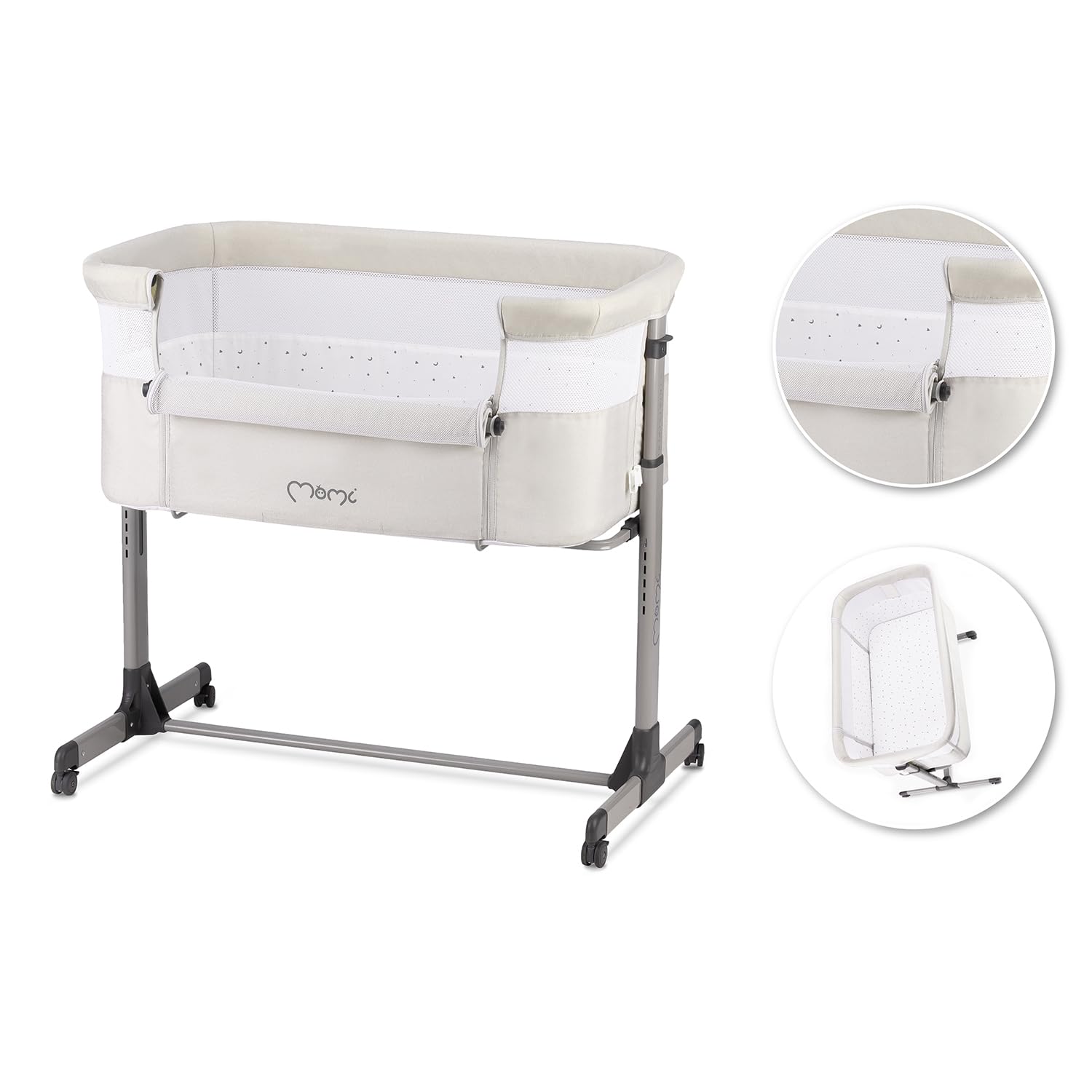 Momi REVO Cuna Multifuncional Ajustable en 6 Posiciones de Altura de 72 a 82 cm, con Ruedas, colchón Incluido, Correas de fijación, mosquitera y Barra de Juguetes