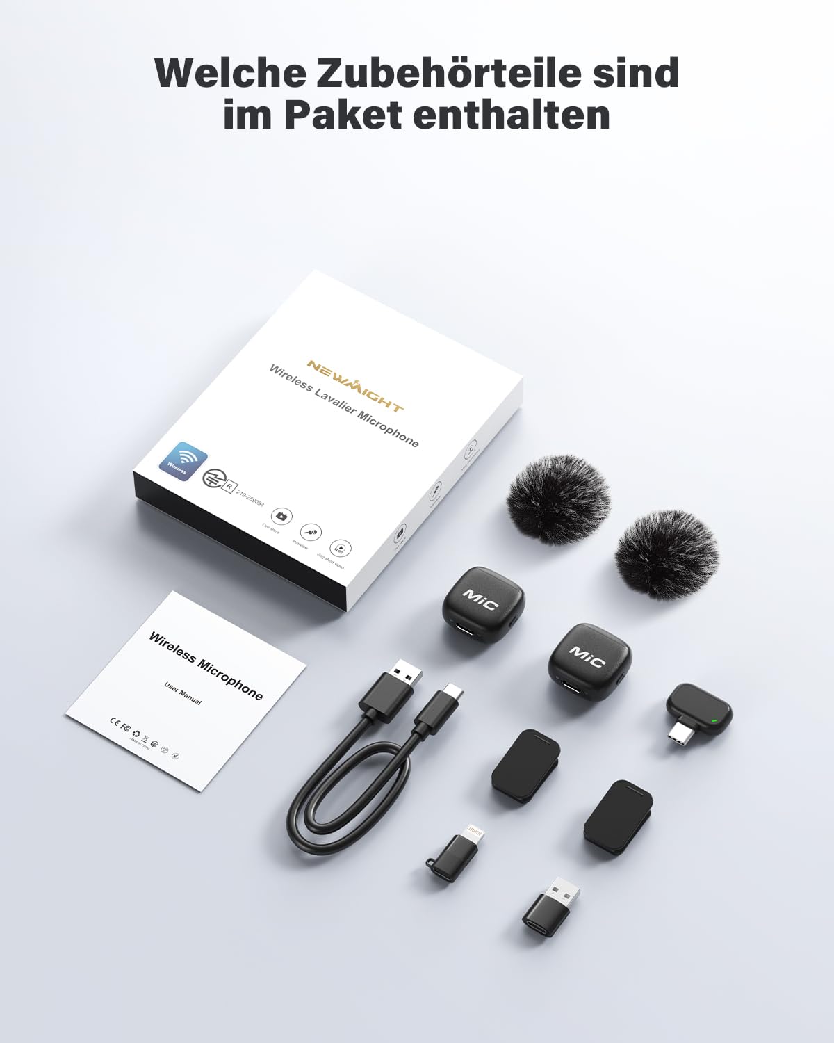Newmight Kabelloses Lavalier Mikrofon, 2er-Pack Mini-Mikrofon mit Rauschunterdrückung, Auto-Pairing und Stummschaltung und Reverb für Vlogging, Videoaufnahmen, TikTok, YouTube