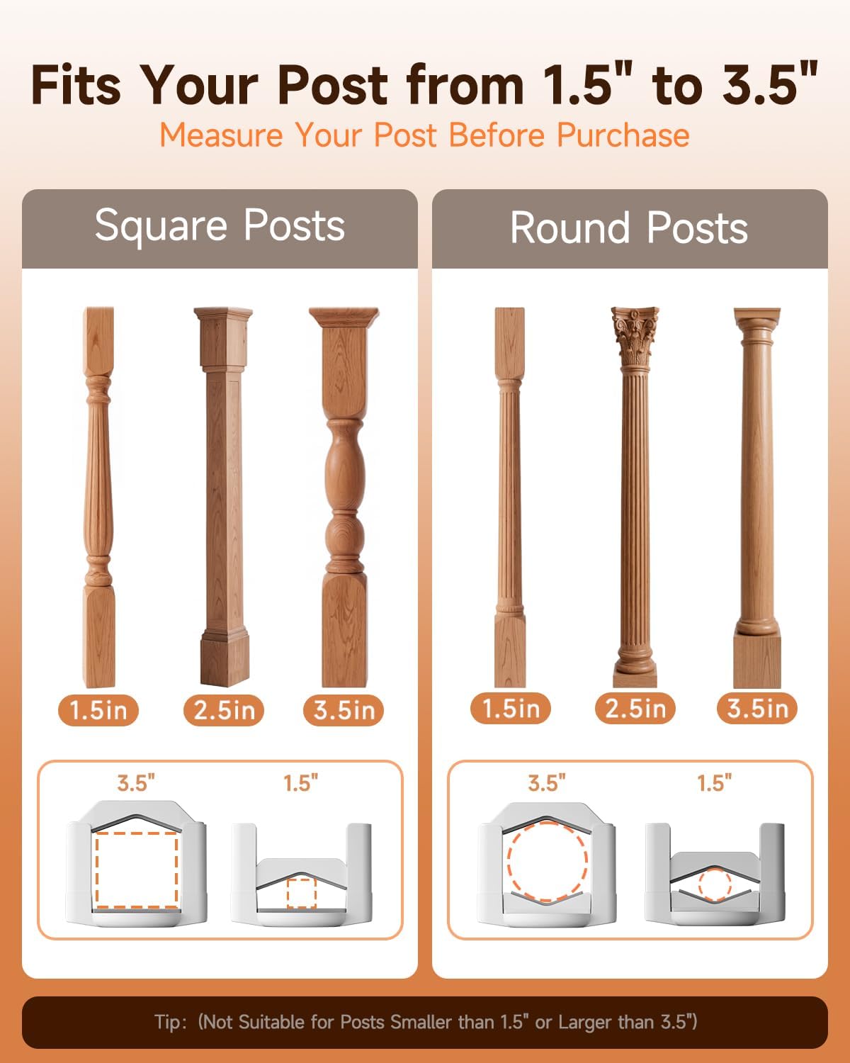 No Drill Baby Gate Banister Adapter, Upgraded Mounting Kit for Stairway, Fits Round & Square Posts 1.5"–3.5", for Most Baby & Dog Gates, No Holes in Your Posts, White