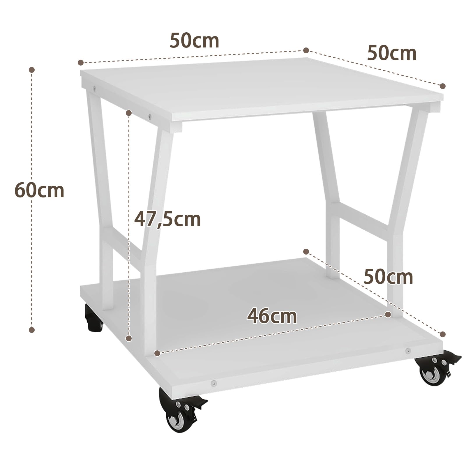 PUNCIA Supporto per Stampante a 2 Livelli Mobile Comodini 50x50x60CM Carrello Porta Tavolino di Stoccaggio con Ruote Scaffale Porta Stampante Sotto Scrivania in Legno per Ufficio e Casa (Bianco)