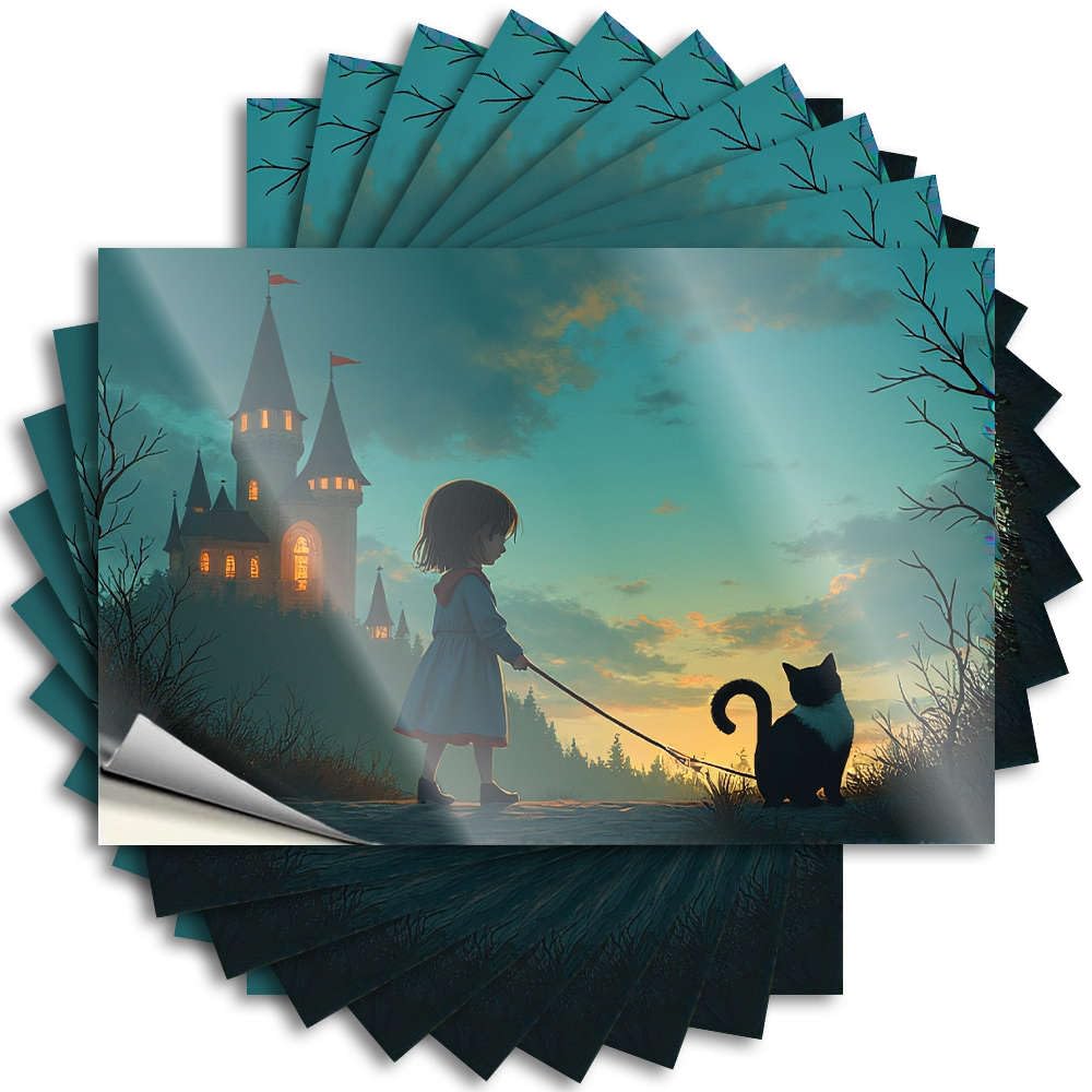 Lettering Sticker Outdoor Pool Decor Custom Stickers, Laptop Waterproof Girl Walking Cat Near Castle At Sunset. for Hydro Flask | Western Bathroom Vinyl Decals for Dry Holiday Gift(12X18CM)