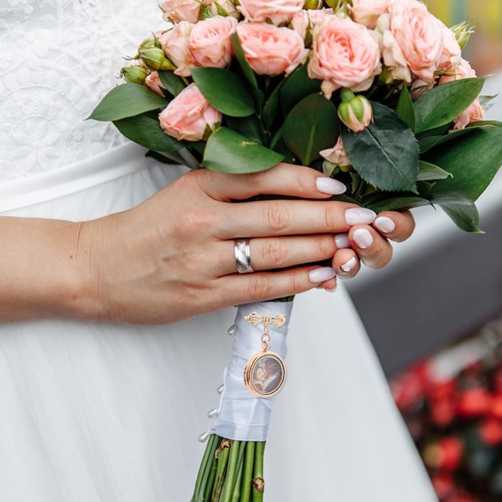 SUPERFINDINGS 3Pcs Bowknot Bouquet Photo Locket Charms Alloy Bridal Brooches Rose Gold Bow Tie Wedding Memorial Brooches Pins Alloy Glass Photo Frame Sweater Shawl Clip for Bridal Decorations - Image 6