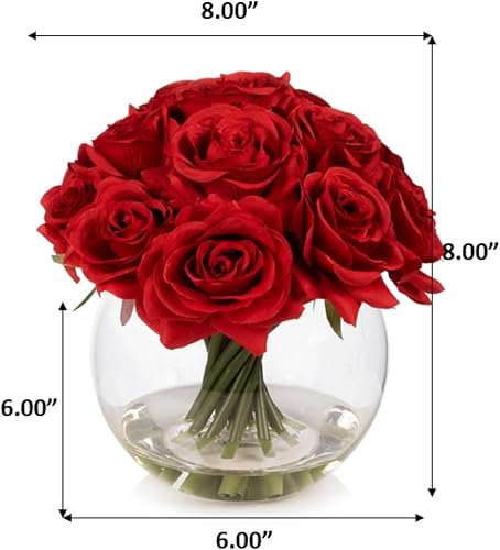 Miniatura 6 de Flores artificiales de seda de 16 cabezas en jarrón, arreglo de rosas sintéticas en jarrón redondo con agua sintética para centros de mesa (rojo)