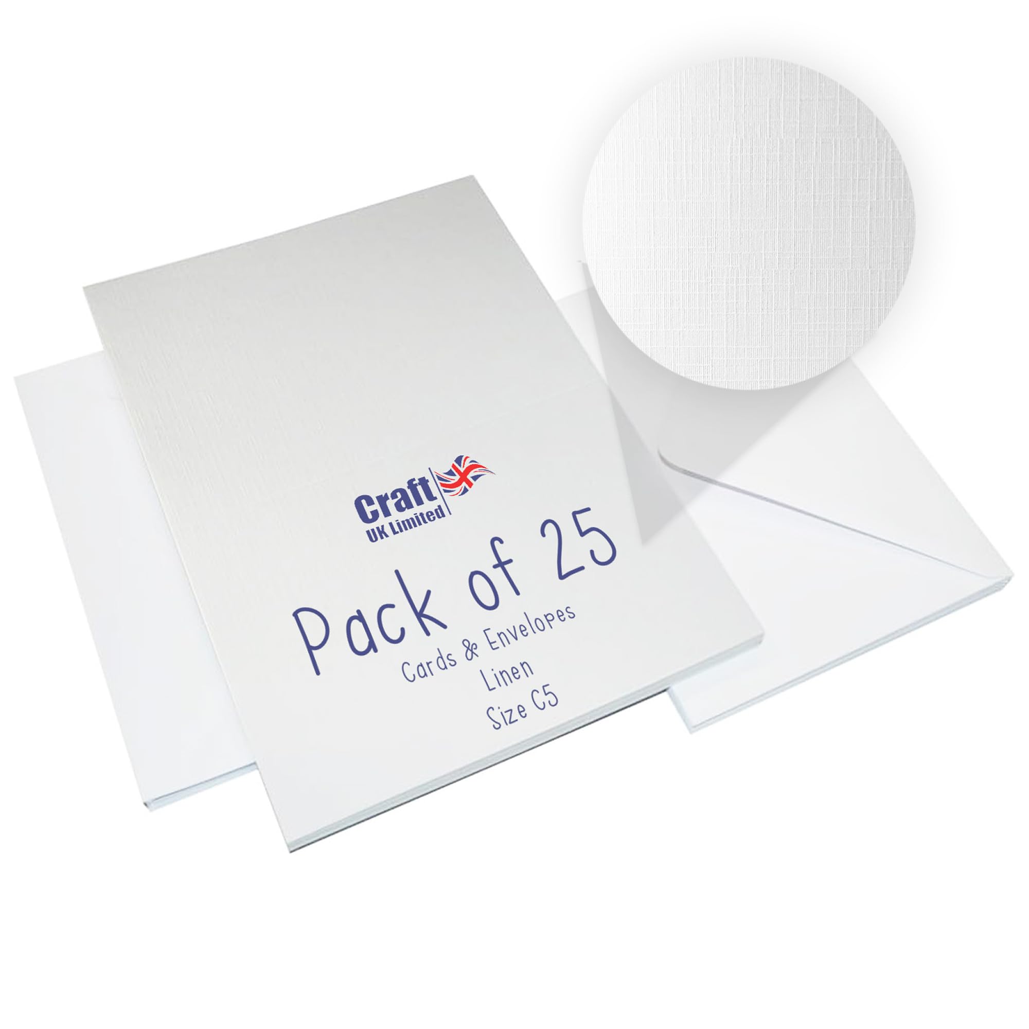 Craft UK, 25 Blank Cards and Envelopes for Card Making, 300gsm, Made in the UK, Lasting Quality, Recycled White Linen, C5