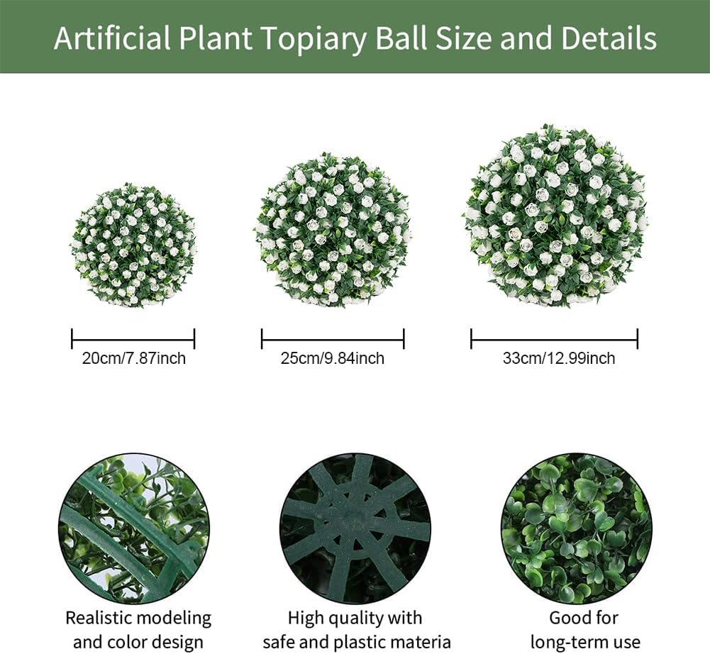 Artificial Flower Topiary Ball Set of 2, Rose Flower Boxwood Balls Plant, UV Resistant Faux Boxwood Decorative Balls for Backyard Balcony Garden Wedding Outdoor Home Décor (White, 13in)