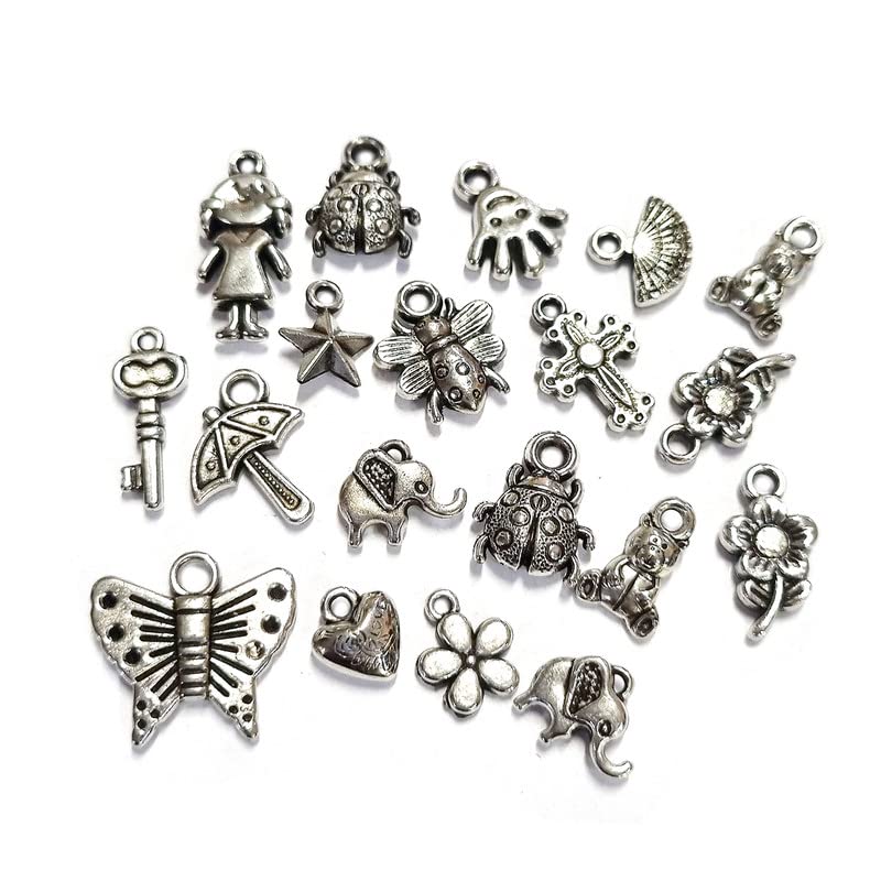 Mix Silver Oxidized Antique, Acrylic Plastic Materials Beautiful Charms for Bracelets Jewelry Making (100 Pcs)