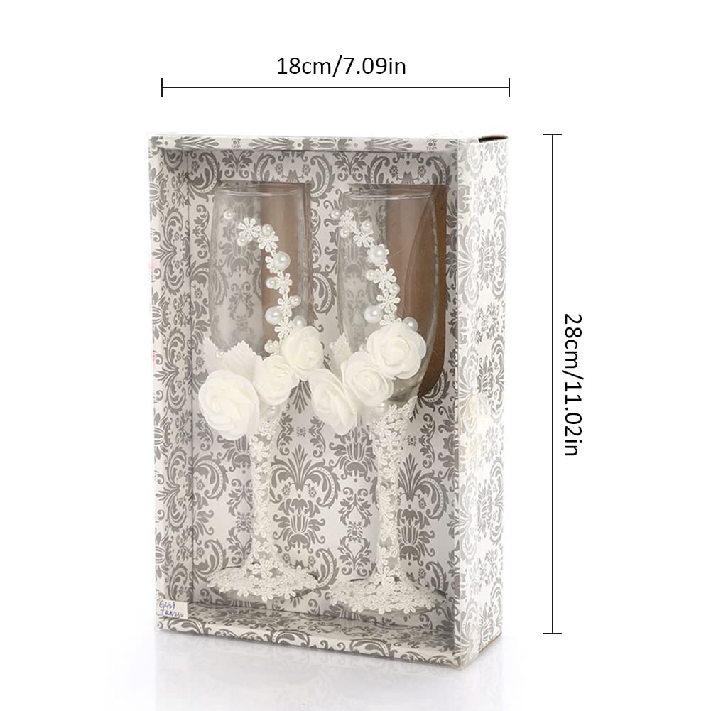 Wedding Champagne Glasses For Bride & Groom - Elegant White Lace Etched Flutes For Wedding Toasts - View #13