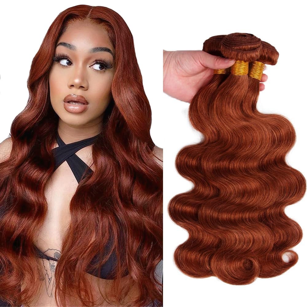 Tuheerst #33 Reddish Brown Color Body Wave Human Hair Bundles Doubles Weft Weave 3 Bundles Total 150g Unprocessed Human Hair Extension For Women 22 24 26 Inch