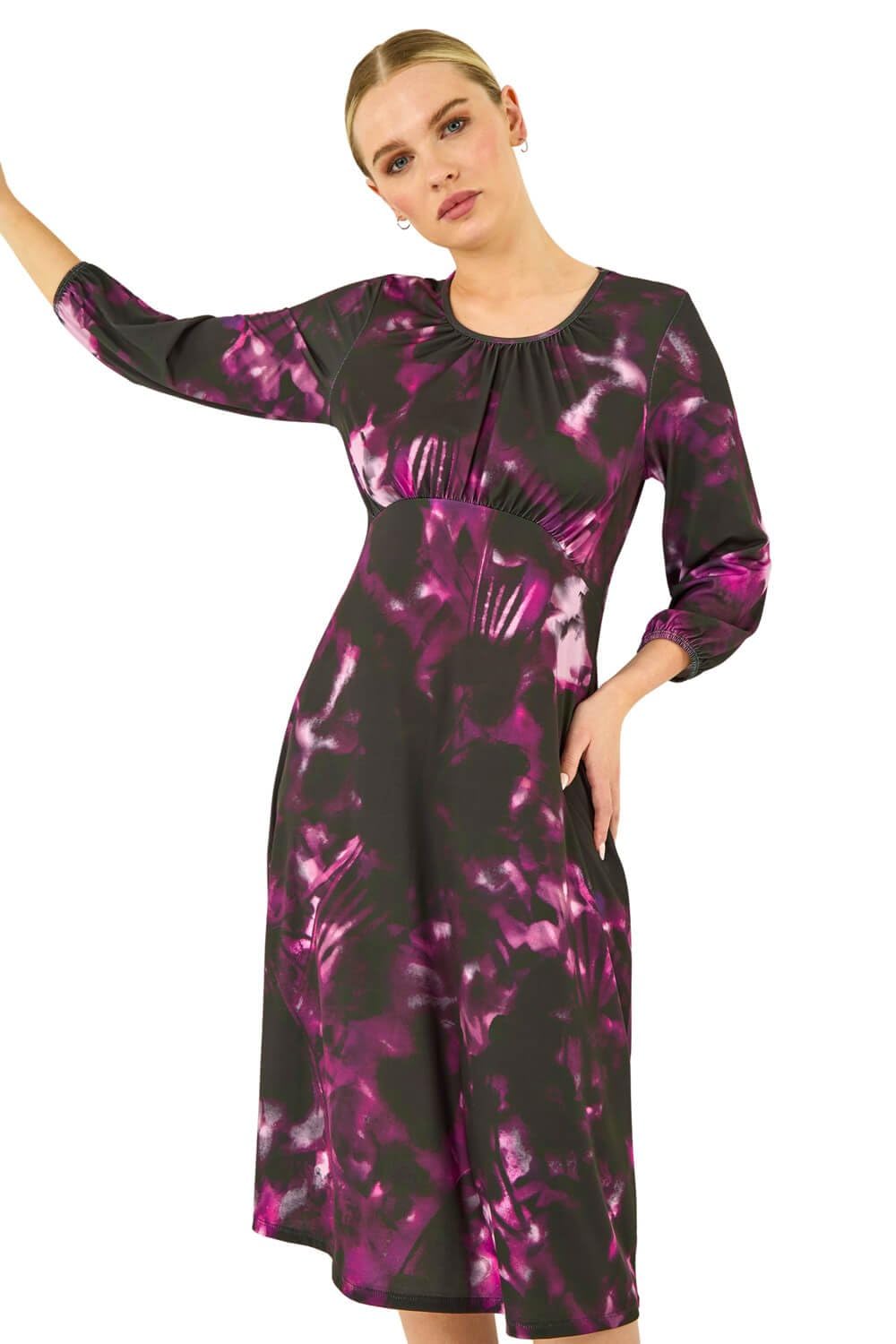 Roman Petite Gathered Chest Dress for Women UK Ladies Stretchy Fit & Flare Swing Tea A Line Skater Knee Length Long Sleeve Midi Smart Casual Work Going Out Party - Petite Abstract Purple - Size 18