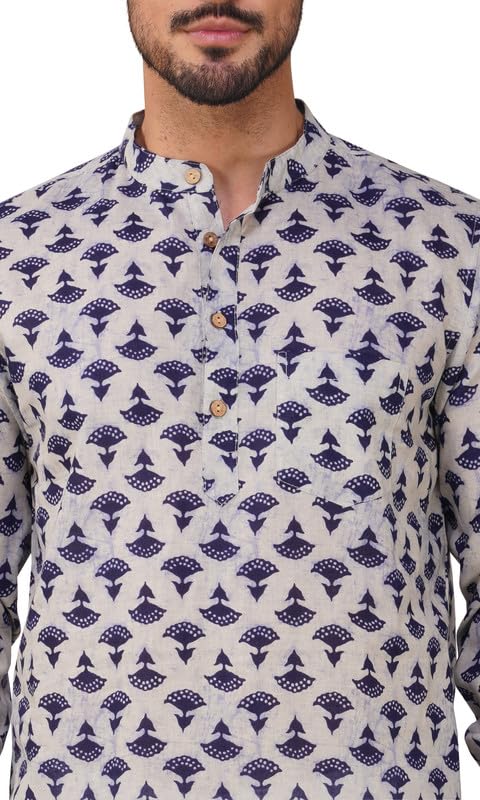 Image of Vastraa Fusion Men's Handloom Weaving Pure Cotton Short Kurta, Round Collar, Full Sleeves,Button Kurta, Ethnic Wear