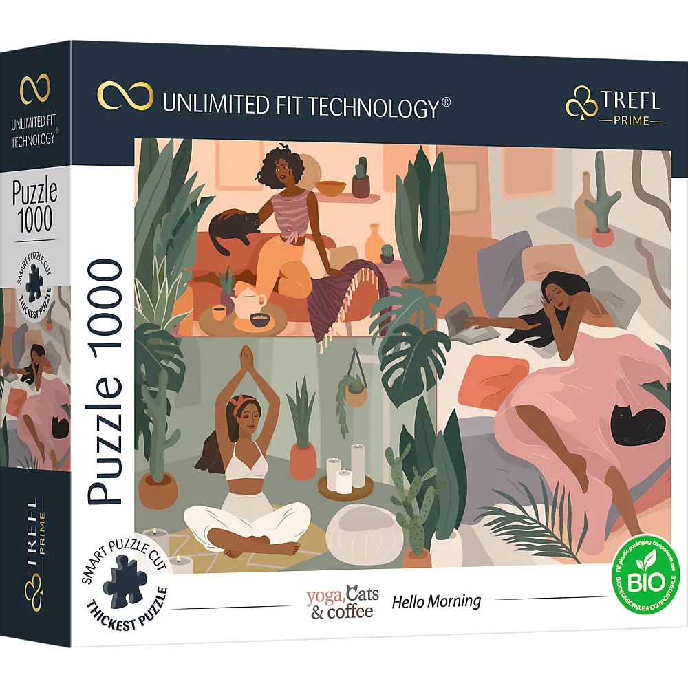 Trefl 10694 1000 Elements Thickest Cardboard Organic Eco Cats Coffee Relaxation Recreation Entertainment for Adults and Children from 12 Years Puzzle Yoga Cats & Coffee Hello Morning