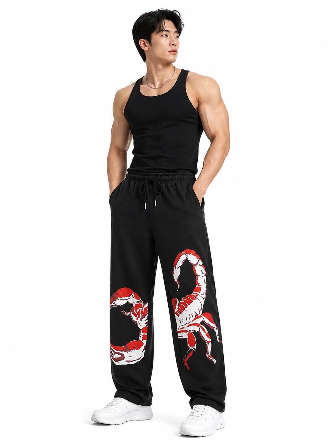 Aesthetic Gothic Wide Leg Pants for Men | Tribal Print Baggy Streetwear | Oversized Track Pants with Elastic Waist | Black and White Relaxed Fit Bottoms-image-31