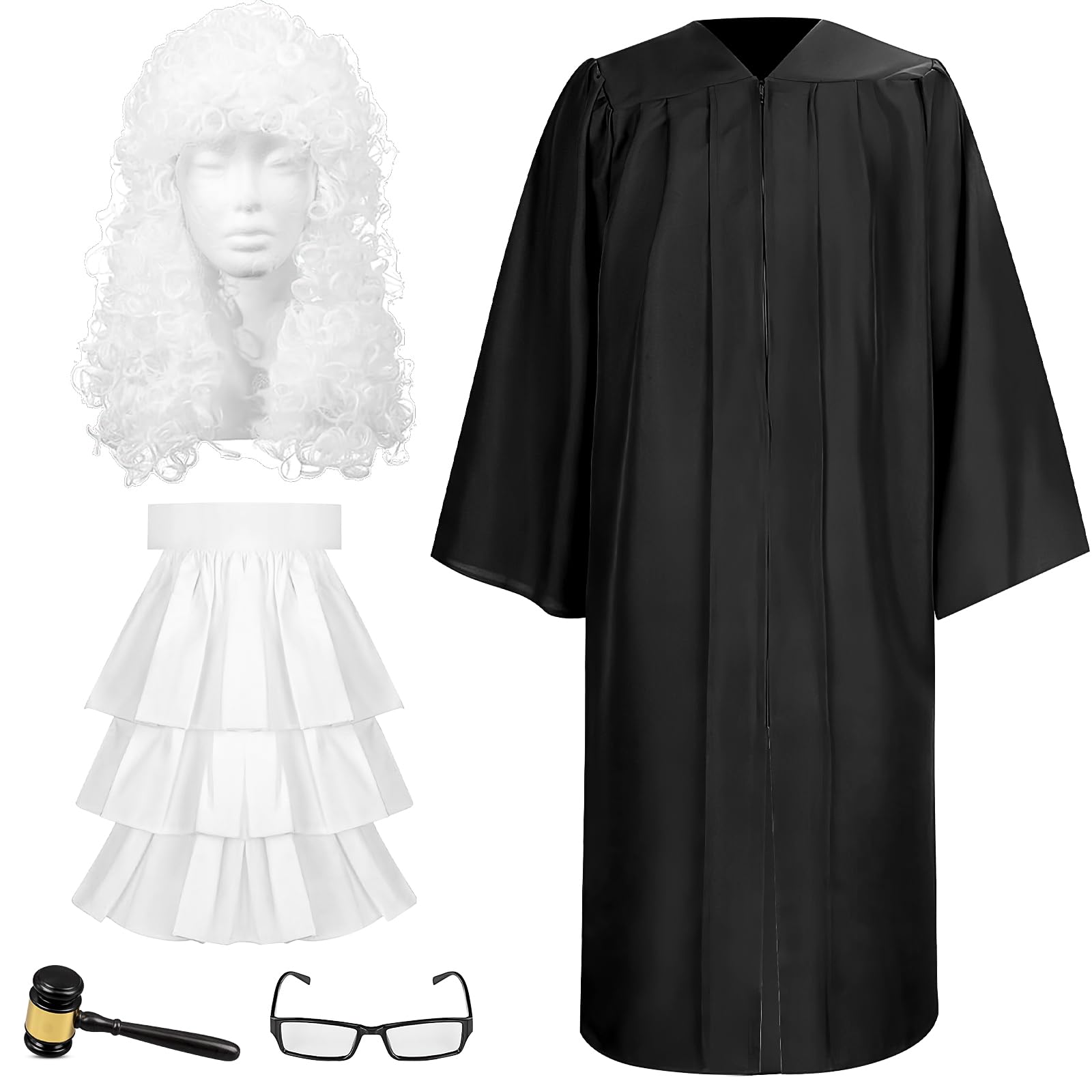 OJMHD 5 Pcs Judge Costume Accessories for Adults, Black Judge Robe with Wig Gavel False Collar Glasses for Role-playing Halloween Cosplay Theme Party