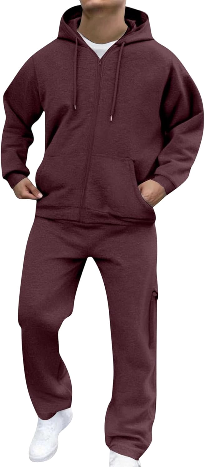 Herren Outfit, 2 teiliges Set, Herren Fleece Trainingsanzug mit Reißverschluss, 2 teilig, Outdoor Sportanzug mit Hoodie und Hose, klassisches Outfit