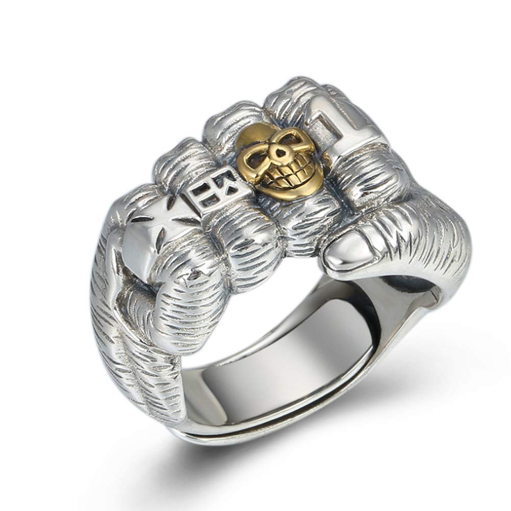 Sterling Silver Ring Retro Thai Silver Skull Power Fist Men Domineering Ring Opening Jewelry-Silver