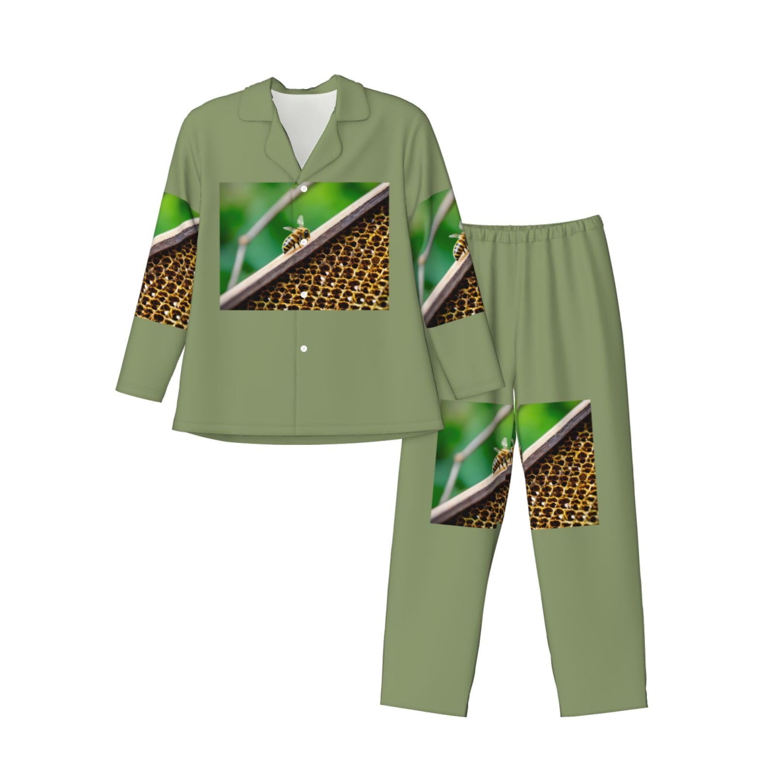 Herren-Pyjama-Set, langärmelig, mit Bienen-Motiv, zweiteilig, Hauskleidung, bequeme Nachtwäsche