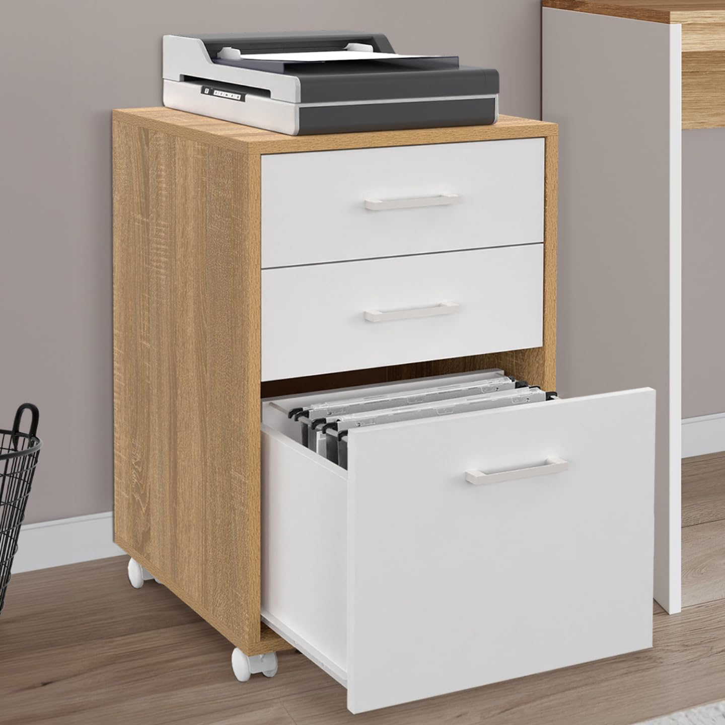 IDMarket - Caisson de Bureau Jon Support imprimante 3 tiroirs Blanc et Bois