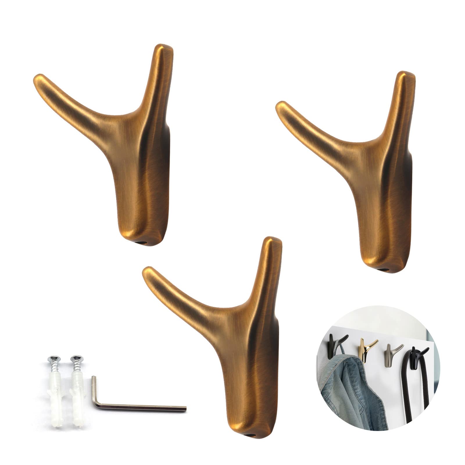 Zerniple Bronze Double Prong Robe Hooks Coat Hooks Wall Mounted Zinc Alloy Cloth Hanger With Screws And Hex Wrench (3 Pieces)