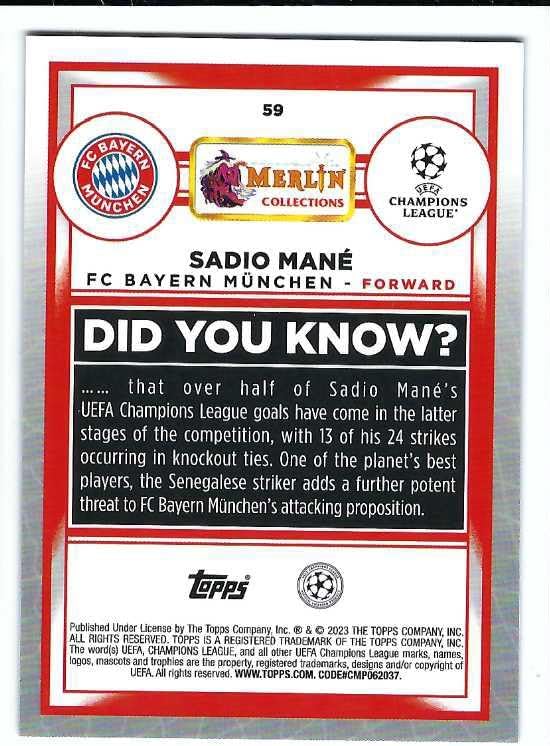 SADIO MANE 2022-23 Topps Merlin UEFA Club Competitions #59 SPECKLE REFRACTOR PARALLEL #123 of only 150 Made! Soccer Card FC Bayern Munich Senegal