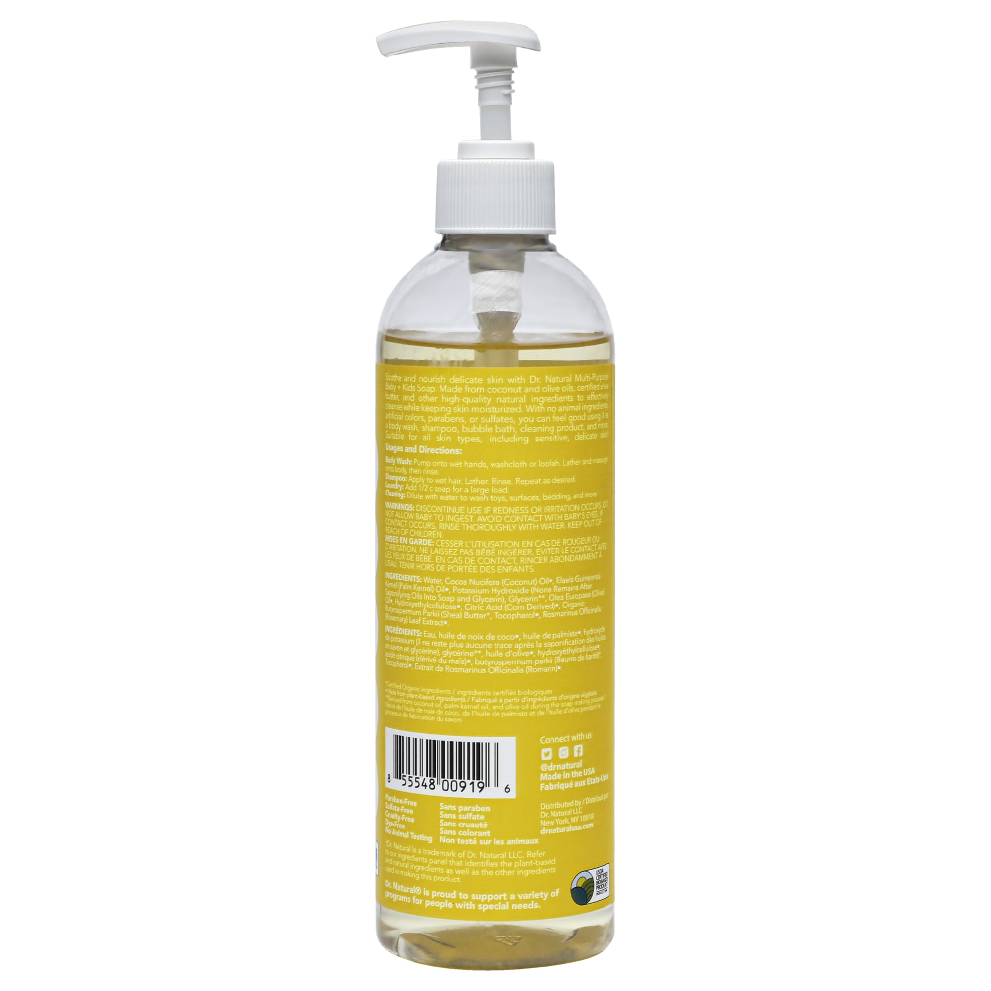 Dr. Natural Wielofunkcyjne mydło dla dzieci Baby Plus - płyn do mycia ciała i szampon - delikatne mydło dla niemowląt z masłem shea - bezpieczne dla noworodka - bezzapachowe - 473 ml