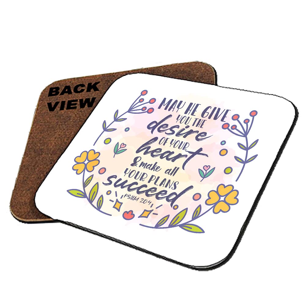 May He Give You the Desires of Your Heart Bible Verse/Quote Faith in God Present for Men/Women, Thanks Giving, Birthday Present Tableware, Coffee/Tea/Drink Coaster. (Square Shaped Coaster)