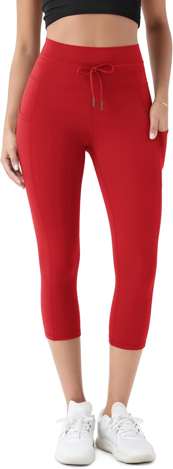 ODODOS Women's Drawstring Tie Capri Leggings with Pockets 19", High Waist Compression Cropped Yoga Pants for Everyday Wear