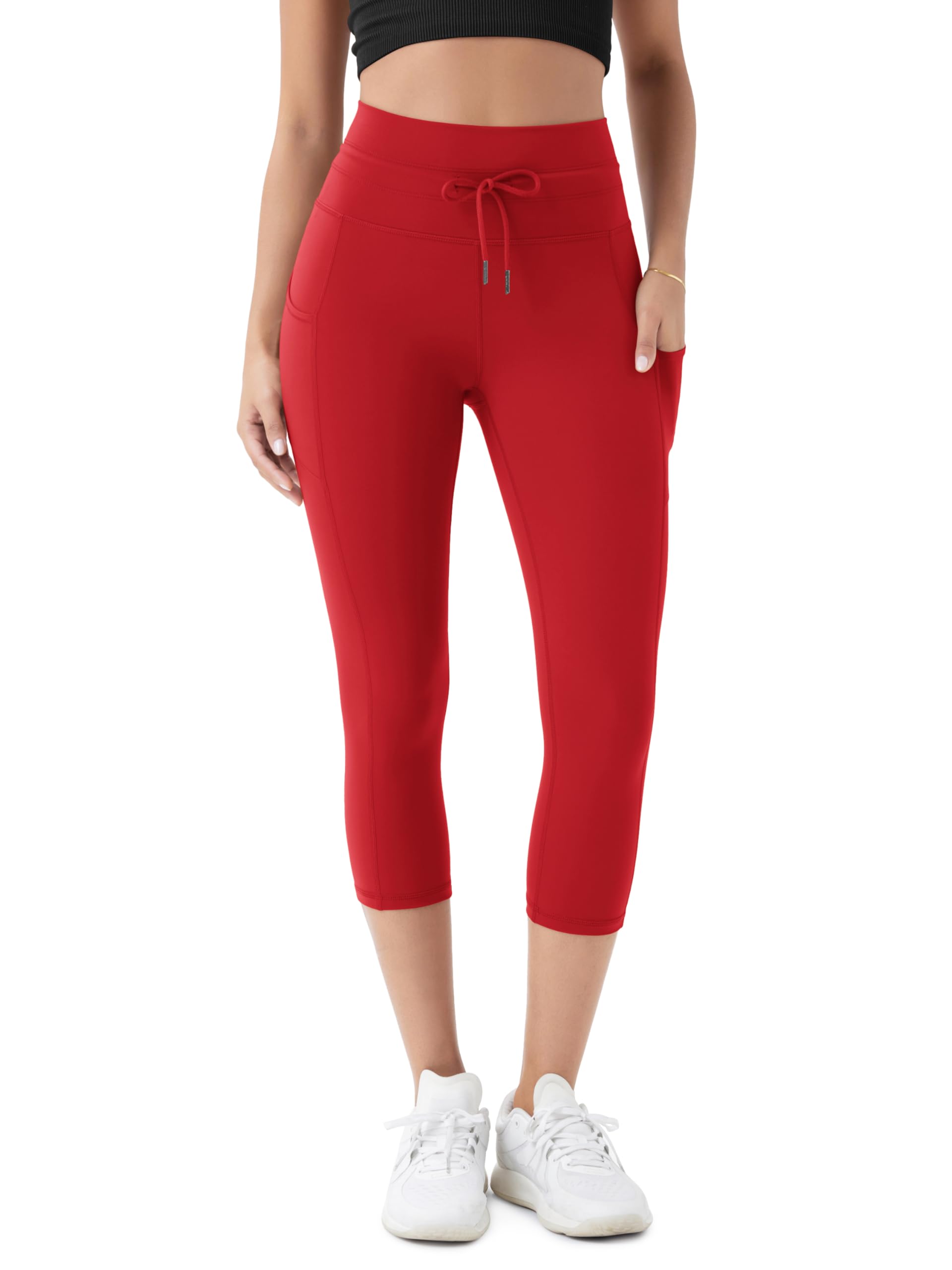 ODODOS Womens Drawstring Tie Capri Leggings with Pockets 19 High Waist Compression Cropped Yoga Pants for Everyday Wear