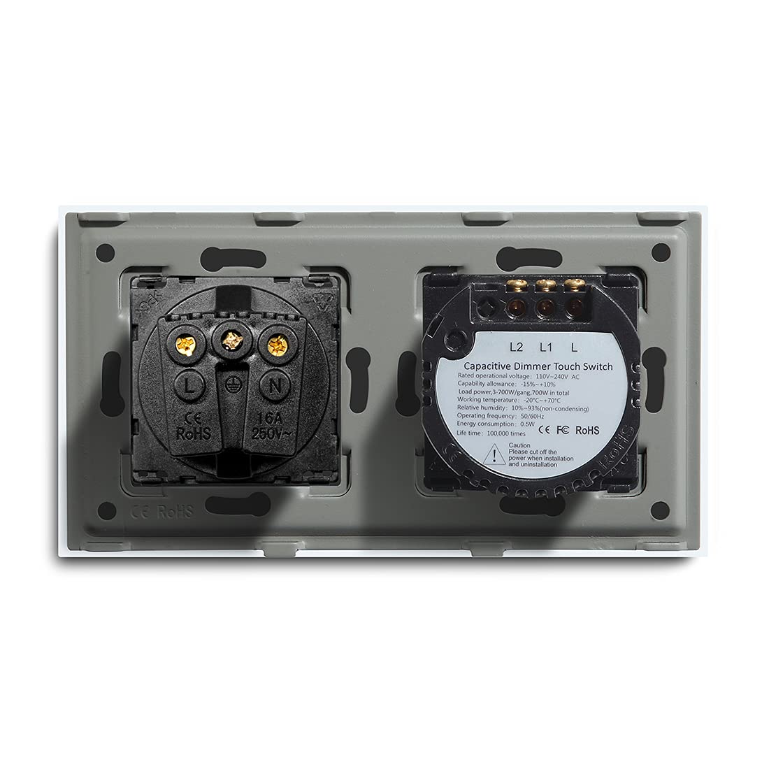Interrupteur Tactile, Interrupteur Mural Tactile Touch Dimmer Switch 2 Gang avec prise murale standard Socket Socket 3 couleurs Panneau en verre 157mm Touch Dimmer(White)