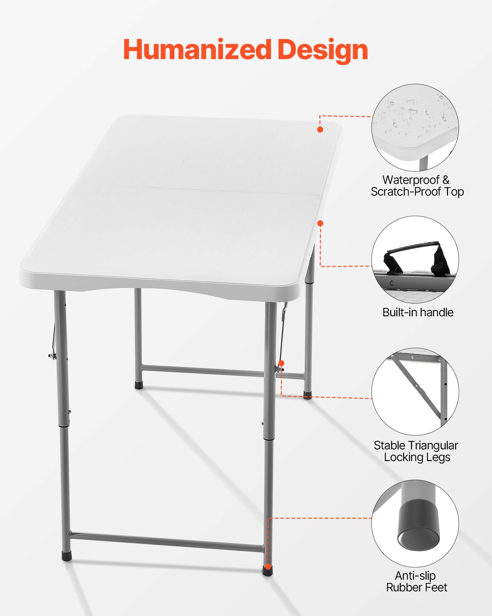 VEVOR Tavolo Pieghevole a Metà, Tavolo in Plastica Resistente Portatile e Rettangolare da 1220x600 mm, con Altezza Regolabile e Maniglia Integrata, per Feste, Cene, Picnic, Campeggio, Bianco