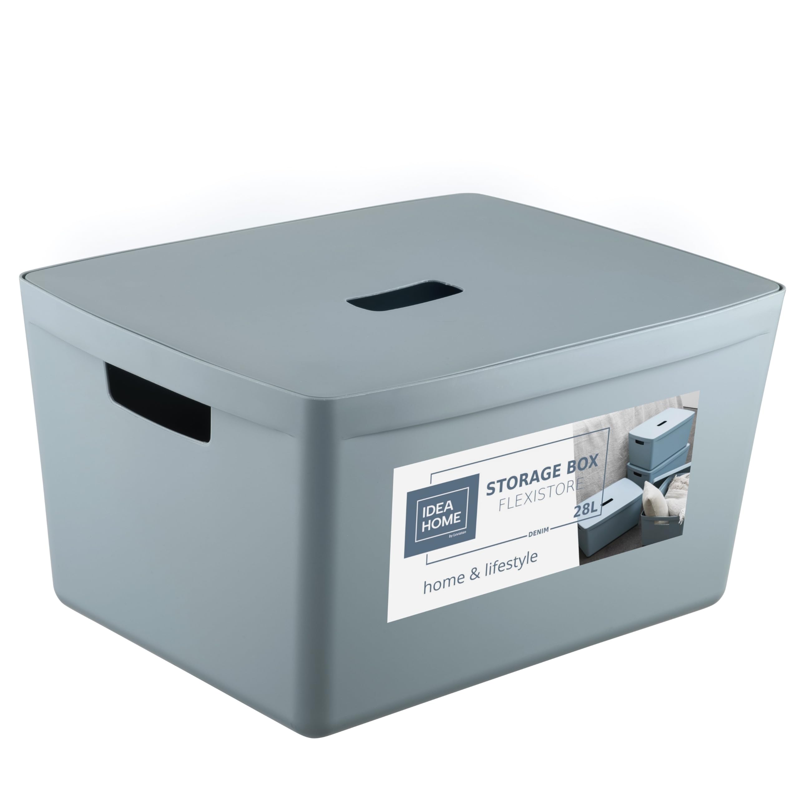 IDEA HOME FLEXISTORE Storage Box 28L – Durable Organizer with Lid and Handles – Unbreakable Plastic – Denim Blue Storage Container for Home and Office