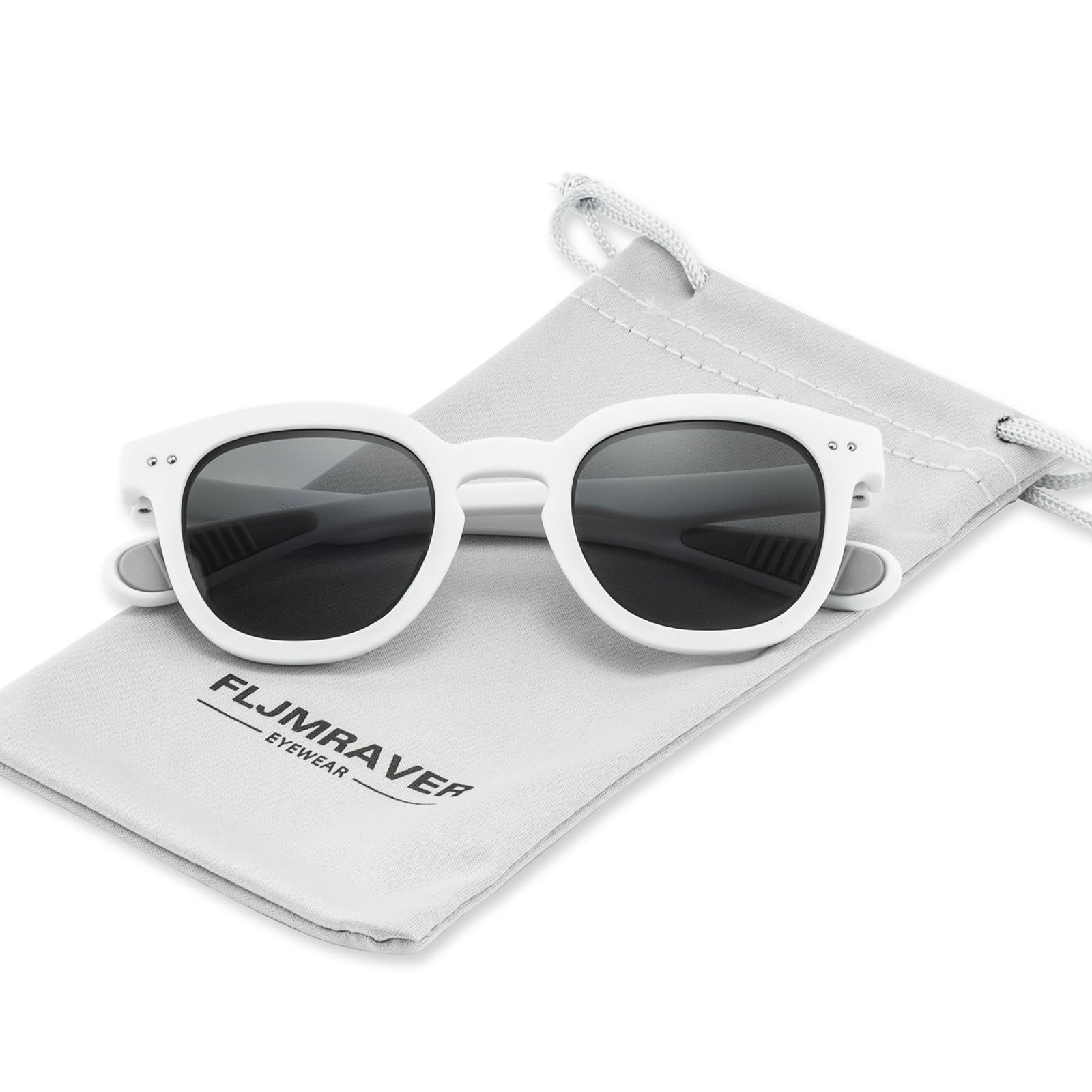 FLJMRAVER Kids Square Polarized Sunglasses TPEE Rubber Flexible Frame for Boys Girls Toddler Age 3-12, 100% UV400 Protection (White)
