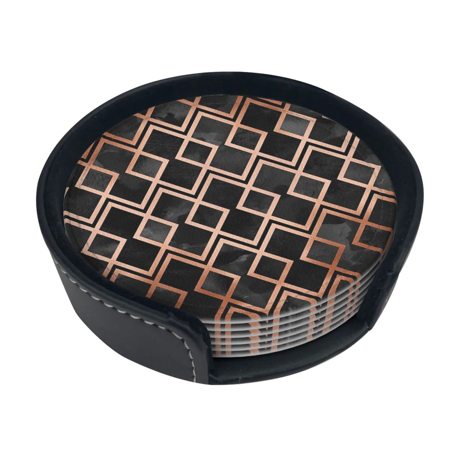 Round Coasters, Copper And Black Geo Diamonds,Mugs Pad Cups Mat Set of 6 Leather Drinks Coasters with Holder