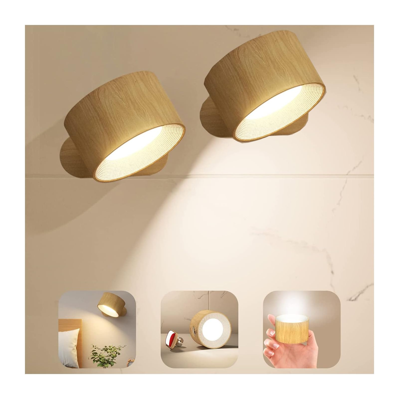 USB wiederaufladbare LED Wandleuchte mit,Holzfarbe