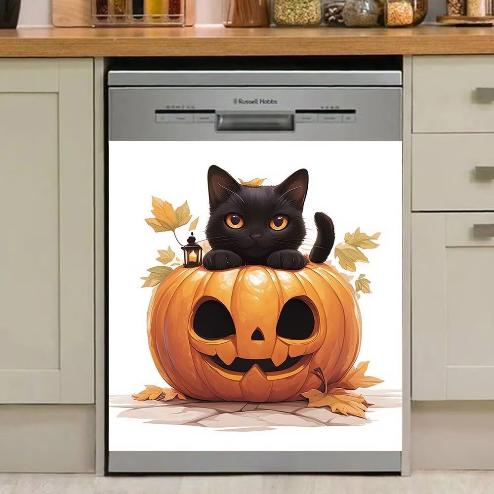 Halloween Dishwasher Magnet Cover, Pumpkin Black Cat Magnetic Dishwasher Sticker Decor Country Animal Refrigerator Cover Magnet Panel Decal 23" x 26" Magnetic