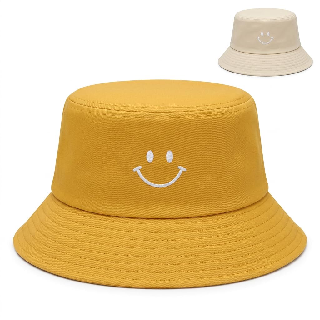 Vorergyllic Women's Multicolour Reversible Smiley Face Bucket Hat For Men, 2 In 1 Cotton Summer Sun Hat, Packable Uv Protection Beach Fisherman Hat For Travel, Festival, Outdoor