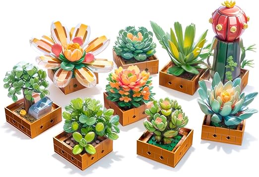 BIGEARN Artificial Flowers Building Sets for Adults - 9 Pack DIY Botanicals Succulents - Faux Indoor Plants for Office & Home Decoration - Gift Idea for Mothers Day, Christmas
