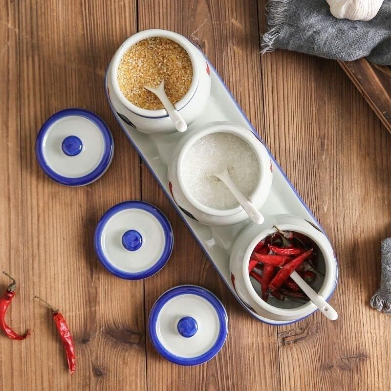 Seasoning Jar with Lid Spoon Retro Ceramic Rooster Kitchen Salt and Monosodium Glutamate Seasoning Jar Household Sugar Shaker