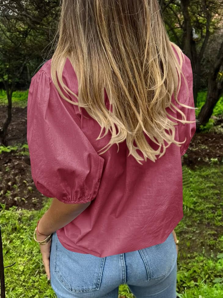 Image of Tankaneo Women's Button Down Shirts Short Puff Sleeve Collared Dressy Casual Blouse Tops
