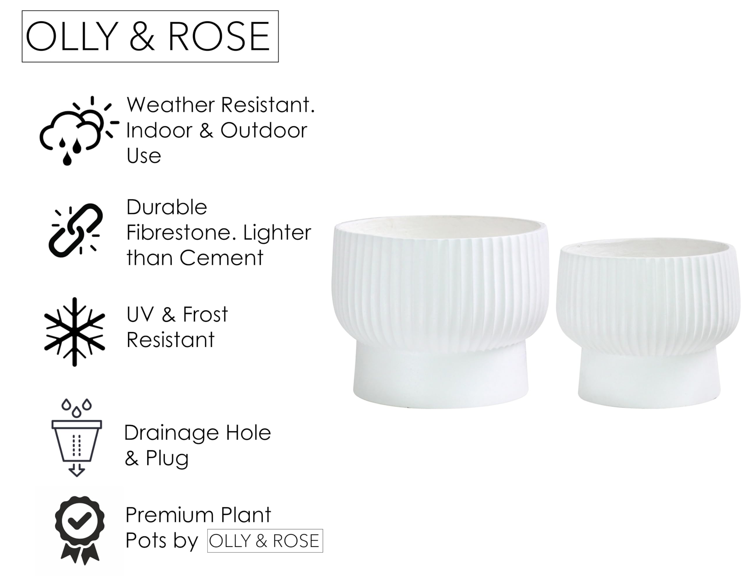 Olly & Rose XL Fibrestone Podwyższona miska zestaw 2 35 cm + 30 cm - bardzo duża doniczka na rośliny - duże doniczki ogrodowe w kolorze białym - duże doniczki na rośliny do użytku na zewnątrz i