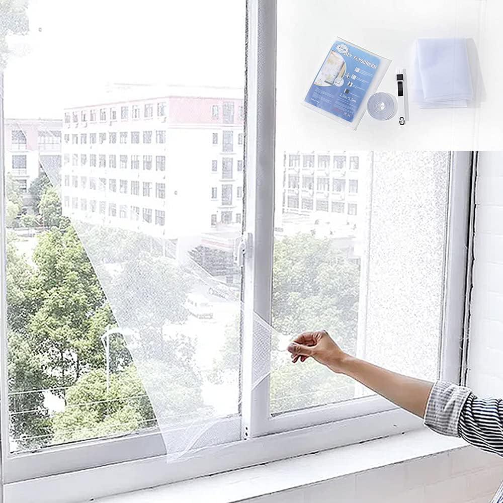 2 Pack DIY Self-adhesive Window Screen Netting with Hook Sticky Tape and Cleaning Brush,Upgrade Encryption Removable Bug & Mosquito Mosquito Net for Windows(1.3M*1.5M, White)