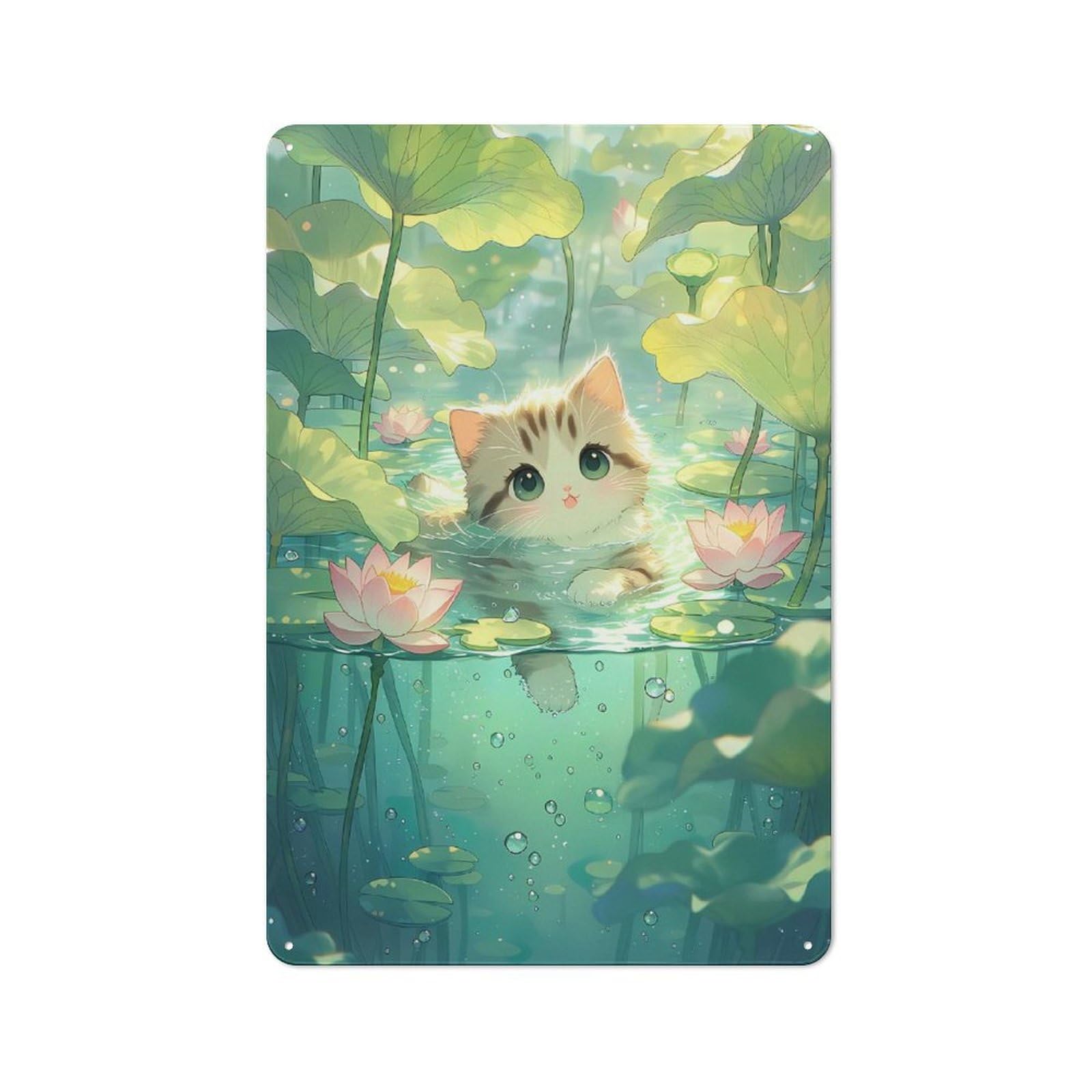 Junmoney Style-17 Cute Kitten Swimming Among Lotus Flowers Warehouse Style Metal Wall Decor 30X20cm, Tin Wall Sign For Modern Home, Workshop, Office Or Cafe
