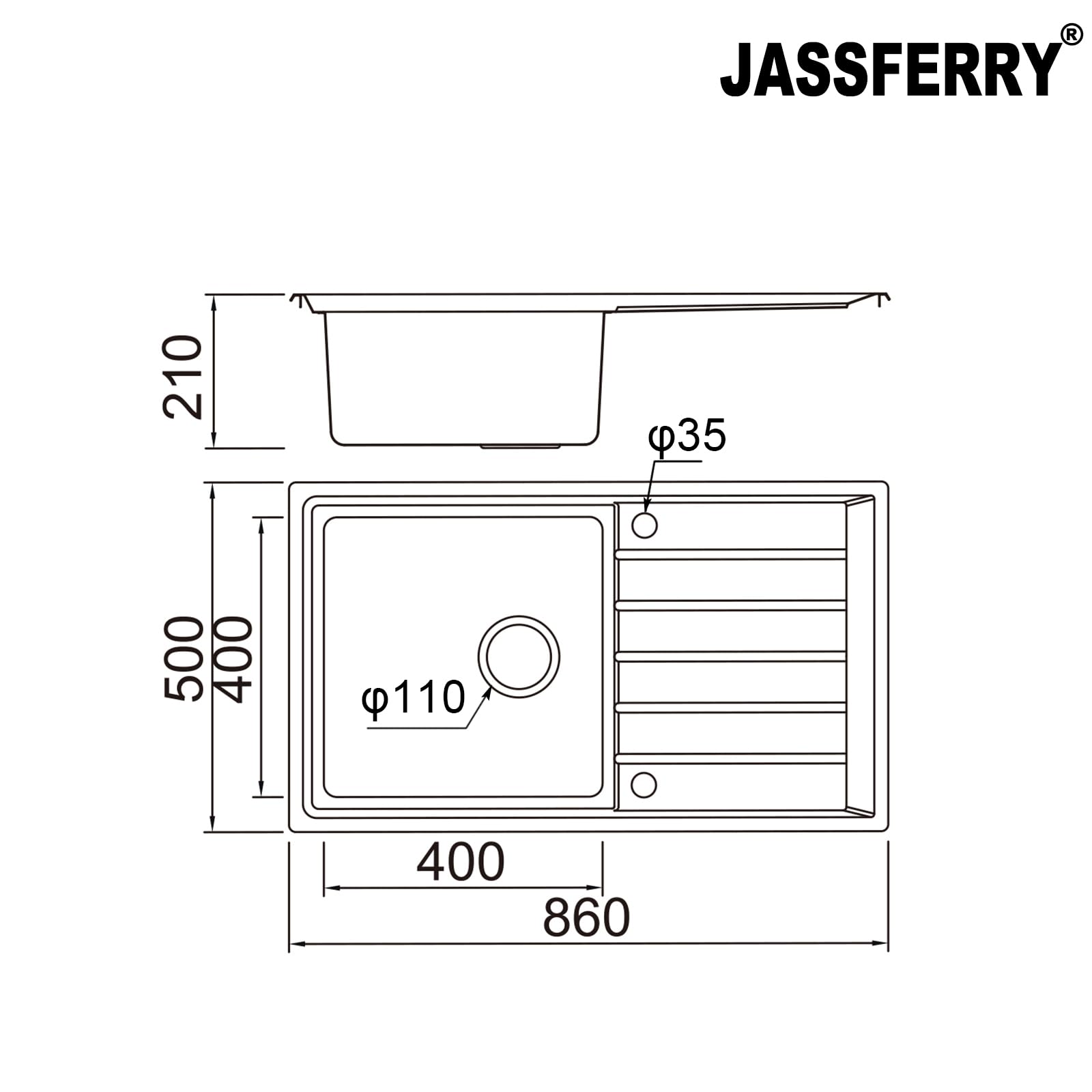 JASSFERRY Évier de cuisine Cuve simple, Acier Inoxydable, Égouttoir réversible, avec crépine