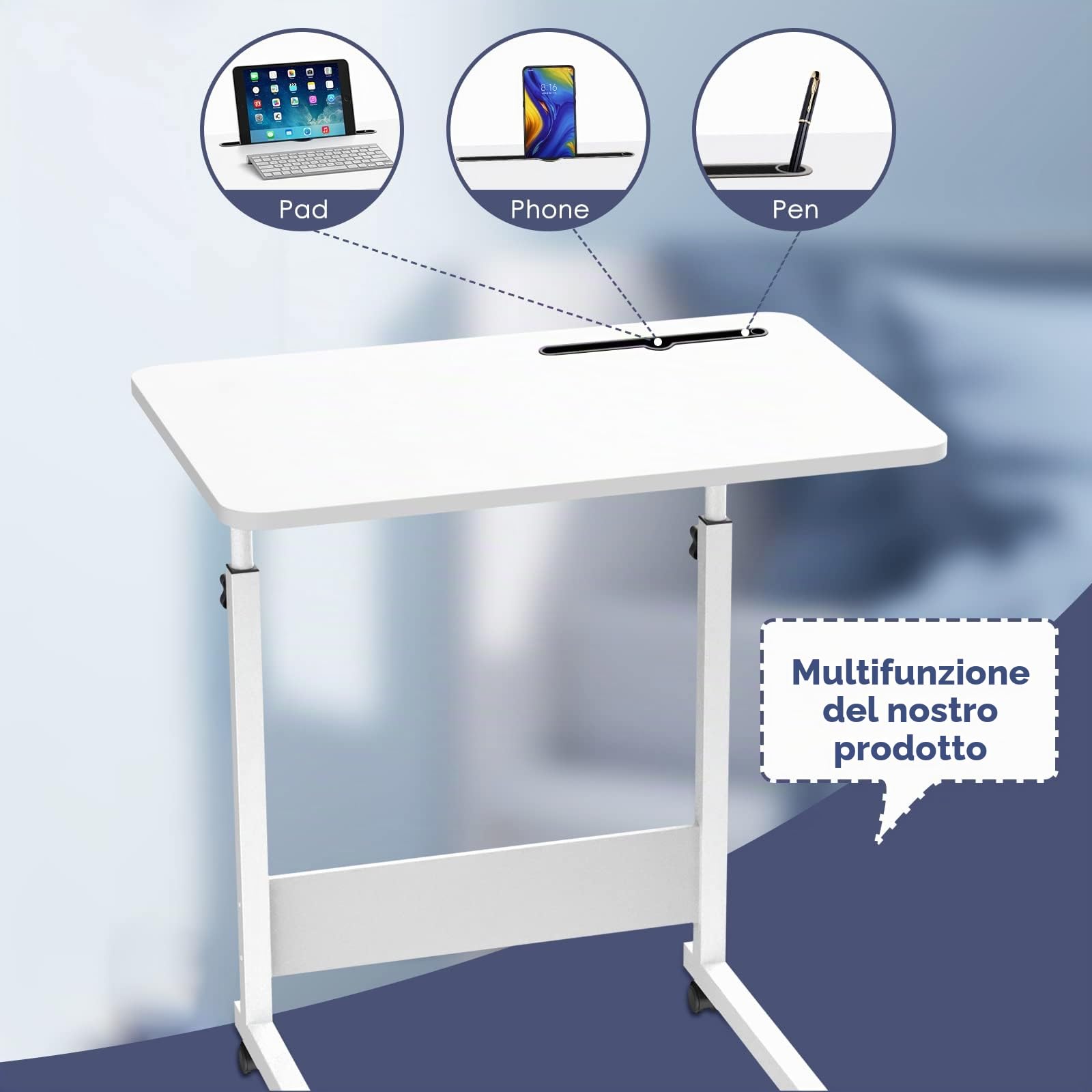 Scrivania Mobile con Ruote per Computer, Regolabile in Altezza, Tavolino da Letto con Slot per Schede, 80x40x69-90cm