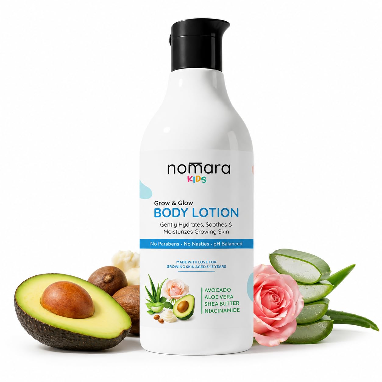 Nomara Kids Grow & Glow Body Lotion for Boys & Girls (5–15 Years) | 200 ML | Daily Moisturizer with Avocado, Aloe Vera, Shea Butter & Niacinamide | Non Toxic, Non Sticky Lotion for Soft, Glowing Skin