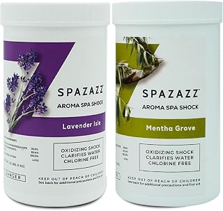 Spazazz Non Chlorine Spa Shock 2 Pack- One Each Lavender Isle and Mentha Grove- 2.2lb Jars of Aromatherapy Spa & Hot Tub Non Chlorine Clarifier and Oxidizing Shock- with Sponge & Tub Care Ebook